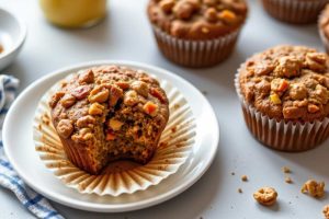 Whole grain muffins made with carrots, zucchini, and walnuts, serve on a small white plate and other muffin around, top close-up view.