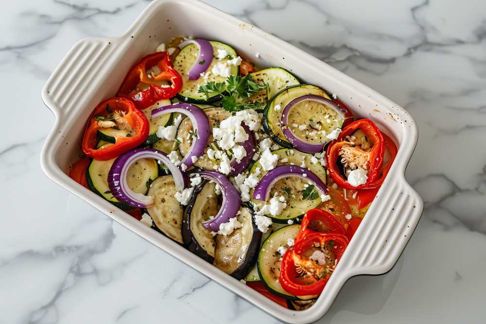 baked vegetable dish with sliced red peppers, zucchini, eggplant, and red onion, top with feta cheese, serve in a white baking dish on a gray counter, top view.