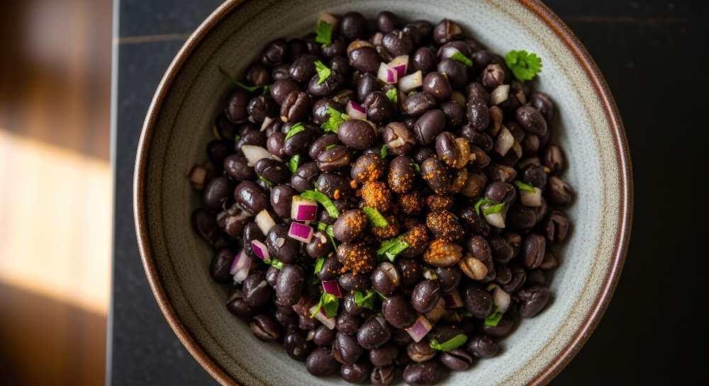 black beans with onions and herbs, serve in a rustic bowl , close-up top view.