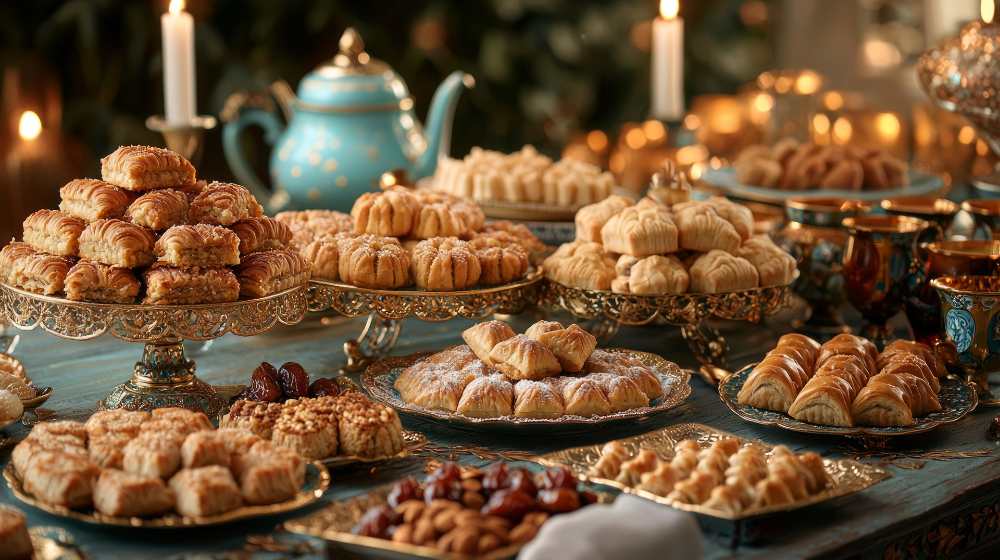delightful treats including baklava and maamoul arranged on ornate table adorned gold and blue accents creating festive atmosphere