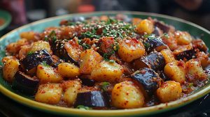 eggplant and gnocchi in a spicy sauce, serve on a rustic plate close-up side view