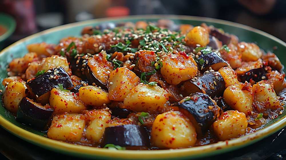 eggplant and gnocchi in a spicy sauce, serve on a rustic plate close-up side view