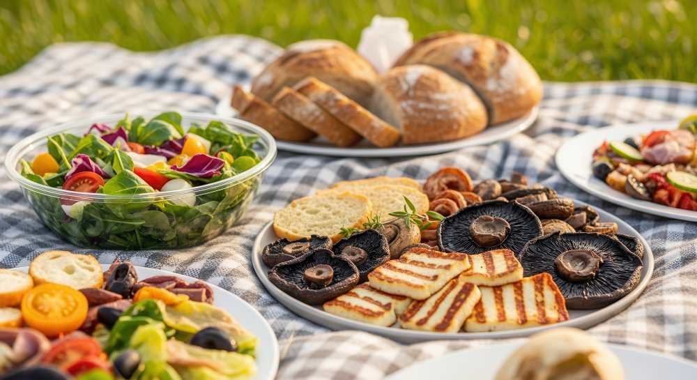 picnic food spread with fresh salads, artisanal bread, outdoor setting with a side view.