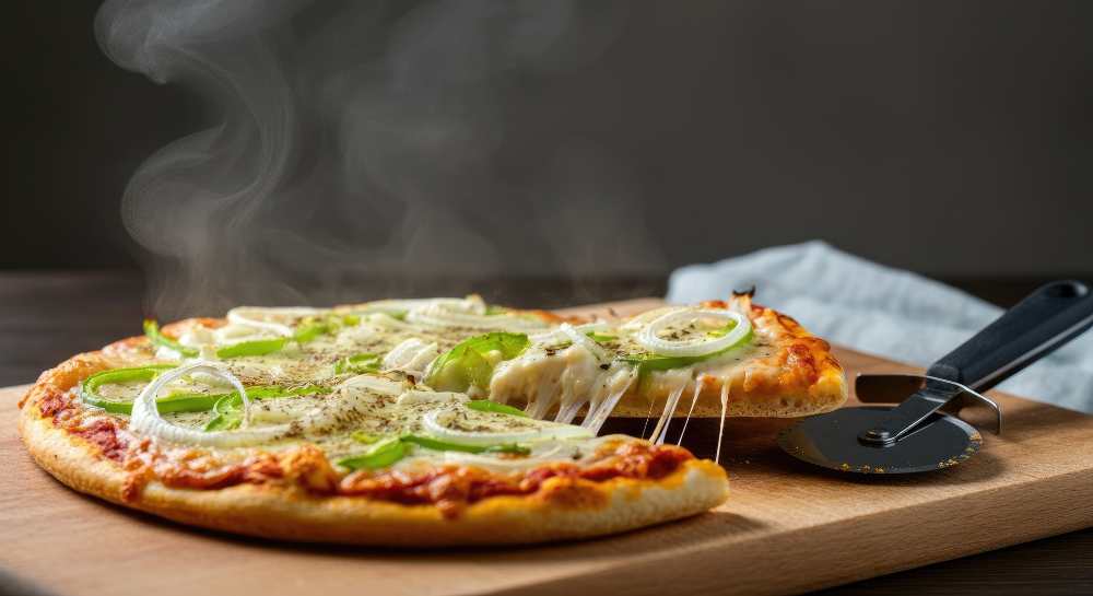 pizza with green peppers, onions, and cheese, serve on a wooden cutting board with a pizza slicer, close-up side view.