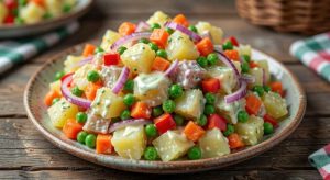 potato salad with carrots, peas and red onions, serve in a rustic plate on a wooden table close-up to view