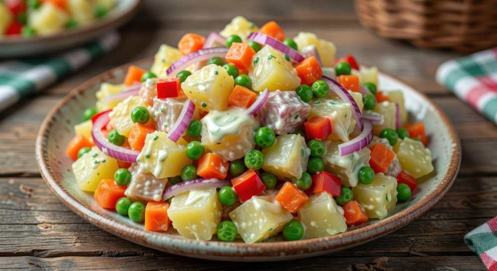 potato salad with carrots, peas and red onions, serve in a rustic plate on a wooden table close-up to view