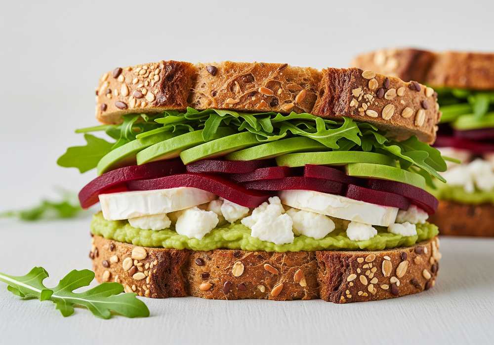 sandwich with beet, cheese, avocado and arugula, serve on a white table, close-up side view