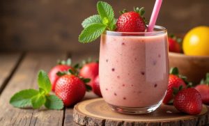 strawberry smoothie top with mint serve in a clear glass with strawberry's and mint on the side, close-up side view.