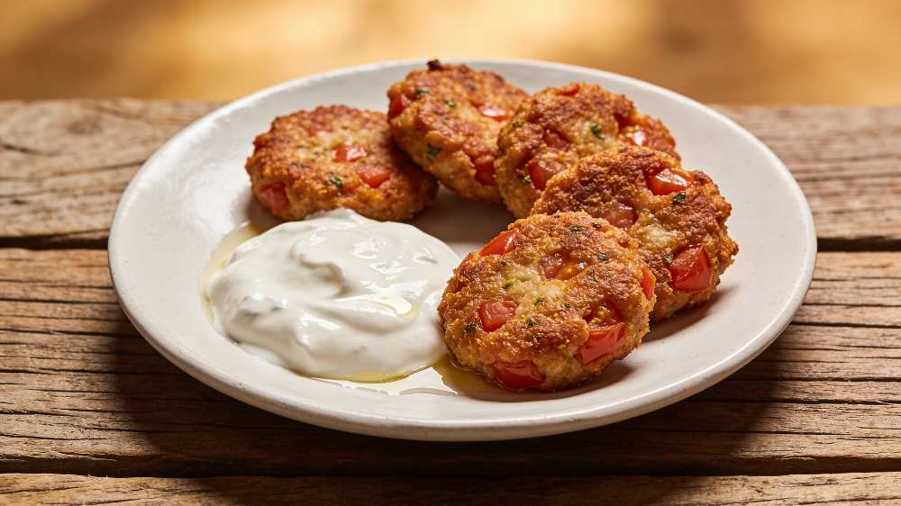 tomato fritters served with fresh yogurt dip, serve on a white plate, on top of a woden table, close-up top view.