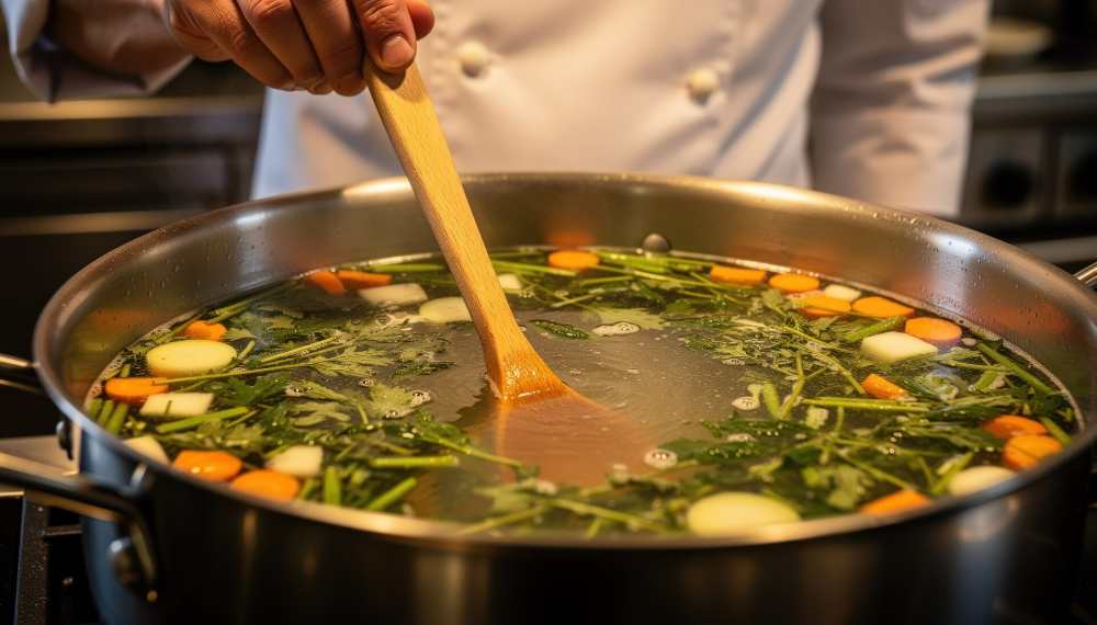 A chef stirring soup in a pot on the stove with a wooden spoon, close-up top view.