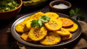 Cuban tostones, serve in a plate top with cilantro, close up top view.