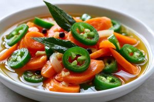 Escabeche carrots and jalapenos serve in a white bowl on a white background, close-up top view.