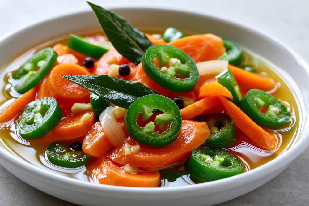 Escabeche carrots and jalapenos serve in a white bowl on a white background, close-up top view.