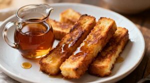 French Toast Sticks with Maple Syrup on a white plate, close-up top view.