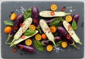 Fresh baby eggplant halves, kumquats, basil, and chili flakes arranged on a dark slate board