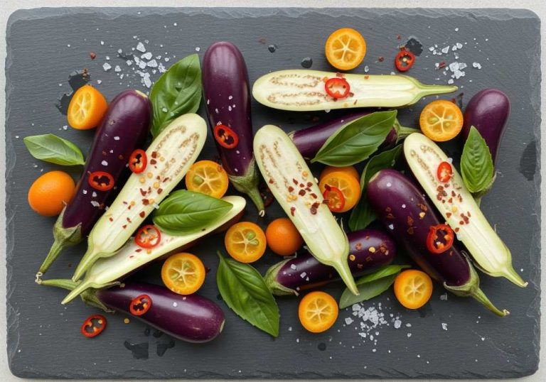 Fresh baby eggplant halves, kumquats, basil, and chili flakes arranged on a dark slate board