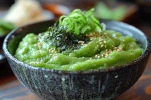 Green barley porridge topped with chopped scallions, sesame seeds and nori seaweed, serve in a rustic bowl, close-up top view.