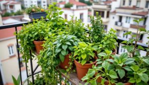 Greenery and herbs cover every pot in the balcony garden, creating a natural sanctuary above the city