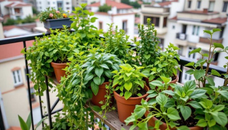 Greenery and herbs cover every pot in the balcony garden, creating a natural sanctuary above the city
