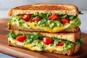 Panini cheese sandwich with avocado, tomato, and cilantro,2 half on top of each other, serve on a wooden board. close up side view.