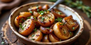 Roasted onions with balsamic glaze and thyme, serve in a rustic bowl, on a round wooden board, close-up top view.