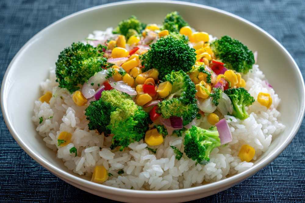 Steamed Rice Topped with Broccoli Florets Corn Kernels and Red Onion Chunks, serve in a white bowl in a blue background , close up top view.