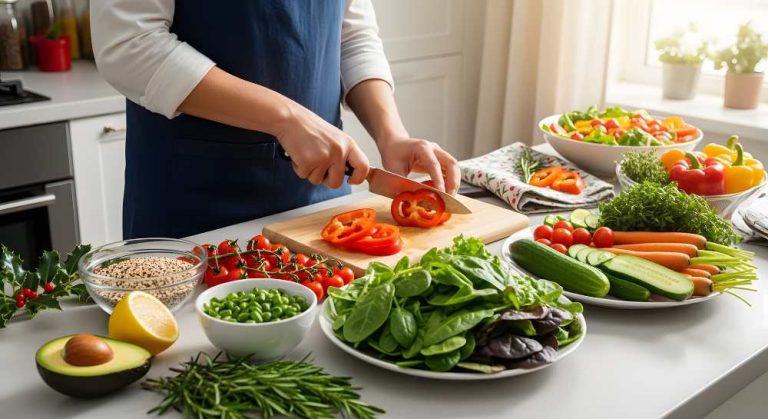 Woman chopping fresh vegetables for a salad on a wooden cutting board, side view.