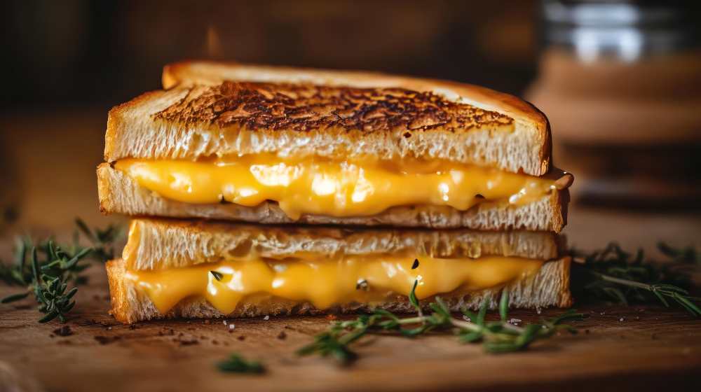 cheese panini on a wooden table, 2 half top on each other, close-up side view.