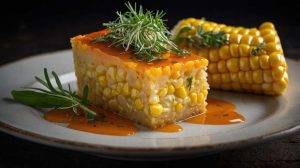 corn pudding with sauce and fresh herbs, serve on a plate with side of fresh corn , close-up side view.