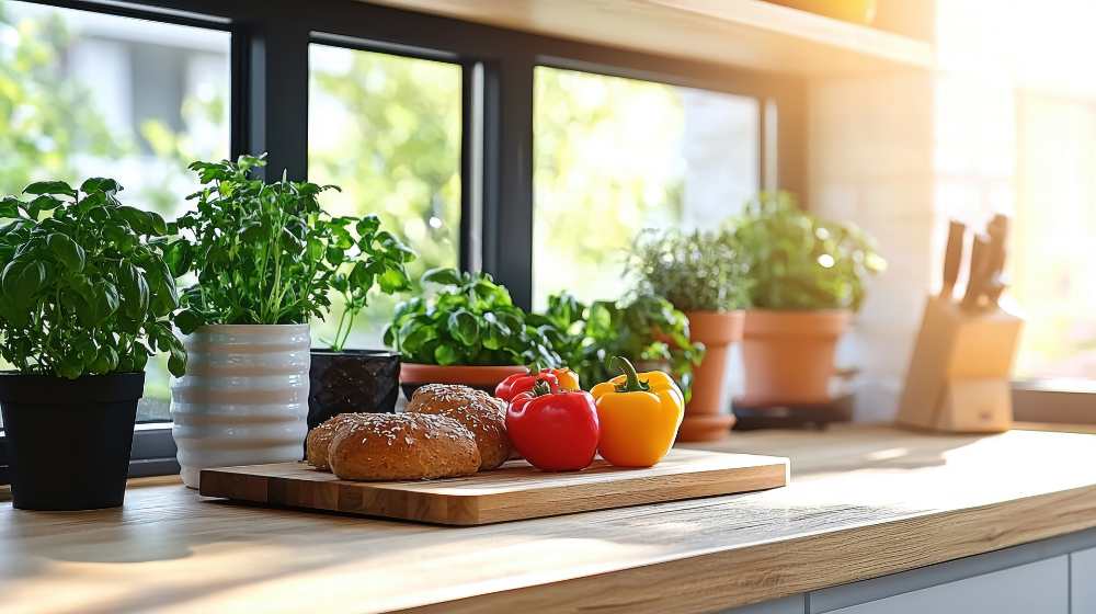cozy kitchen filled with fresh herbs, colorful vegetables,