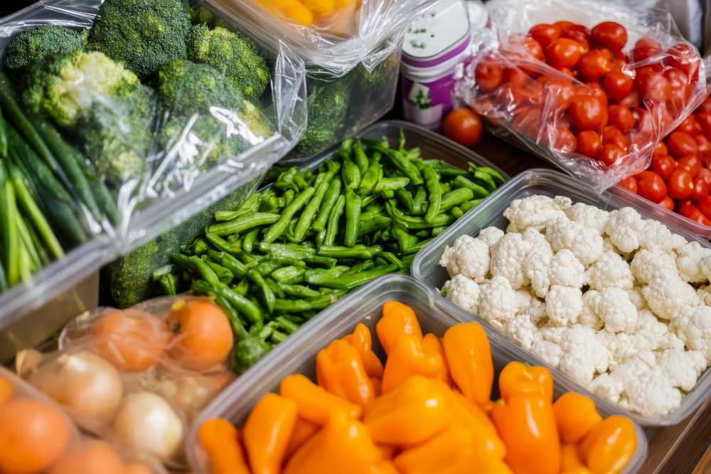 frozen vegetables arranged neatly in a freezer, showcasing freshness and variety.