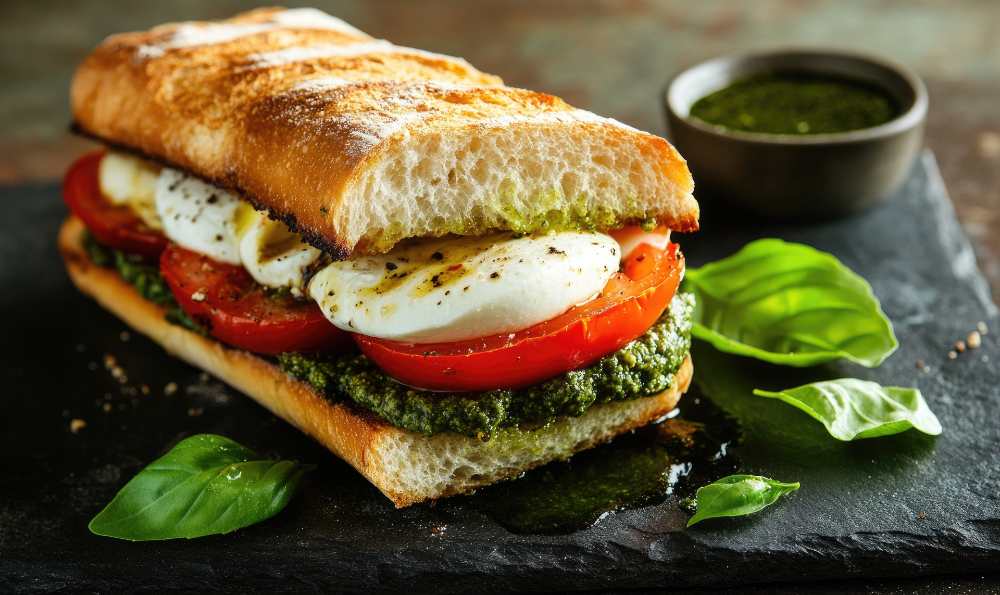 sandwich with pesto mozzarella cheese and tomatoes, serve on a black rustic cutting board, close-up side view.