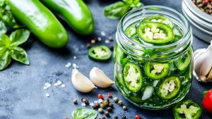 sliced jalapenos in brine and garlic, serve in a glass jar, with jalapenos and garlic on the side.