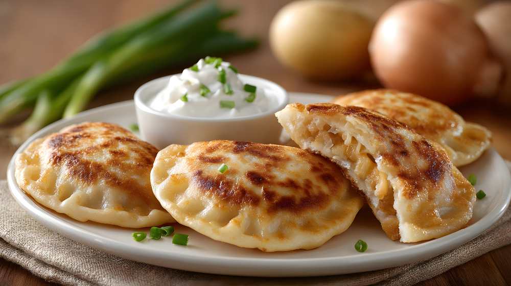vareniki on a white plate with side of sour cream, with green onion on the side.