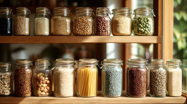 Assorted grains and legumes in glass jars on wooden shelf with natural light