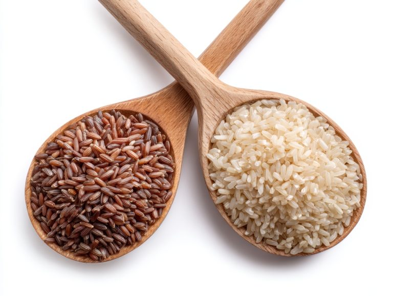 Brown rice and White rice in spoons isolated on white background, top view.