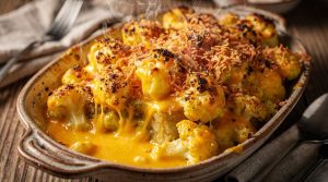 Cauliflower Bake with Melted Cheddar Cheese and Crispy Topping. close up top view.