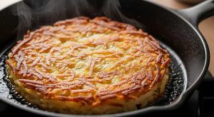 Crispy potato fritter in cast iron skillet, close up side view.