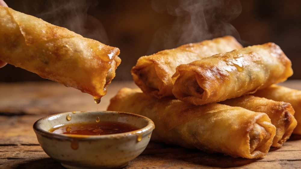 Crispy rice paper Spring Rolls serve with Sweet And Sour Sauce, on a wooden table close up side view