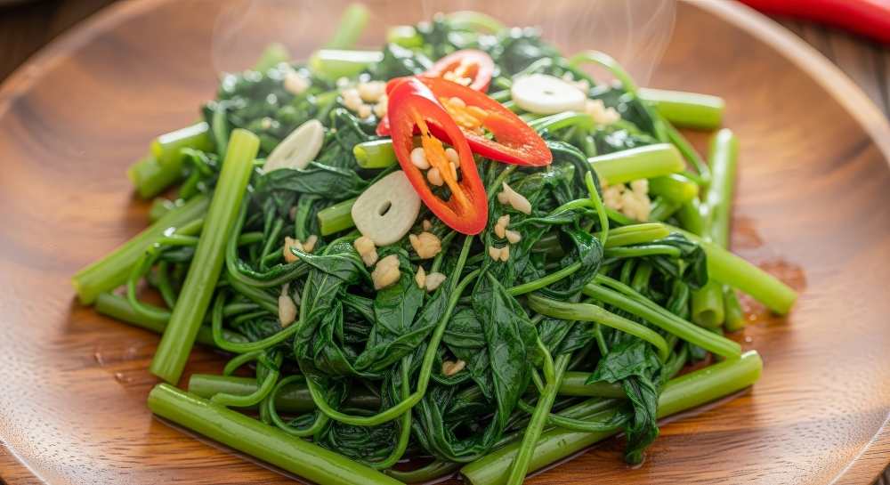 Easy Stir-Fried Water Spinach with Garlic and Chili on Wooden Plate. Close up top view.