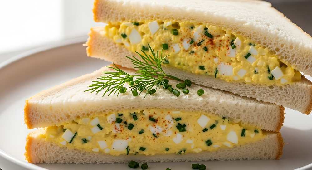 Egg Salad Sandwich on White Bread serve on a white plate , close up side view.