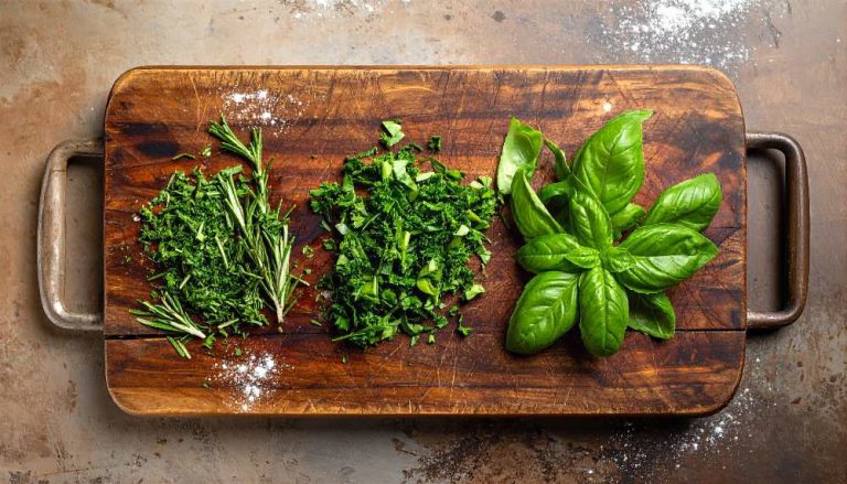Fresh Herbs Chopped on Rustic Cutting Board Rosemary Parsley and Basil