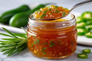 Jalapeno Pepper Jam, serve in a glass jar, close up side view