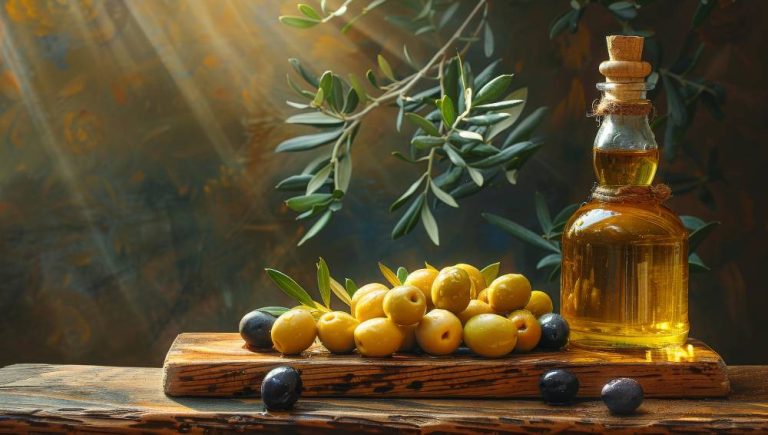 Olive oil bottle with olives and leaves on a wooden cutting board, side view