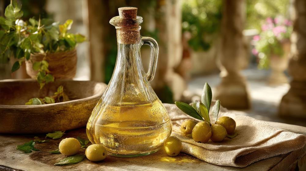 Olive oil bottle with olives and leaves, close up side view