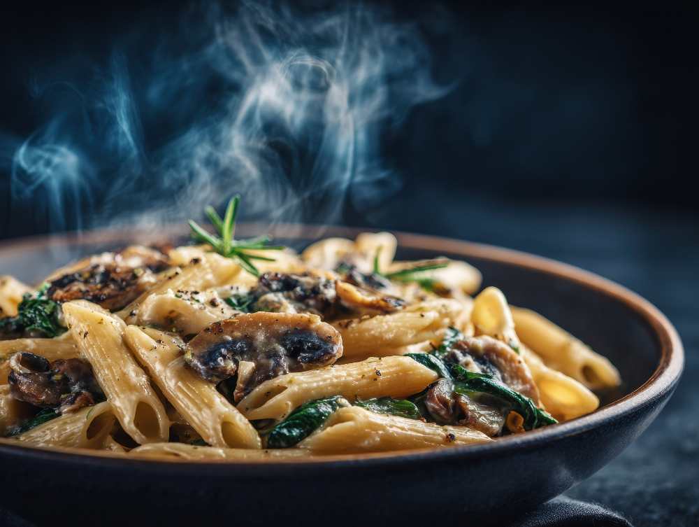 Penne Pasta with Mushrooms and Spinach with steam rise , close up side view