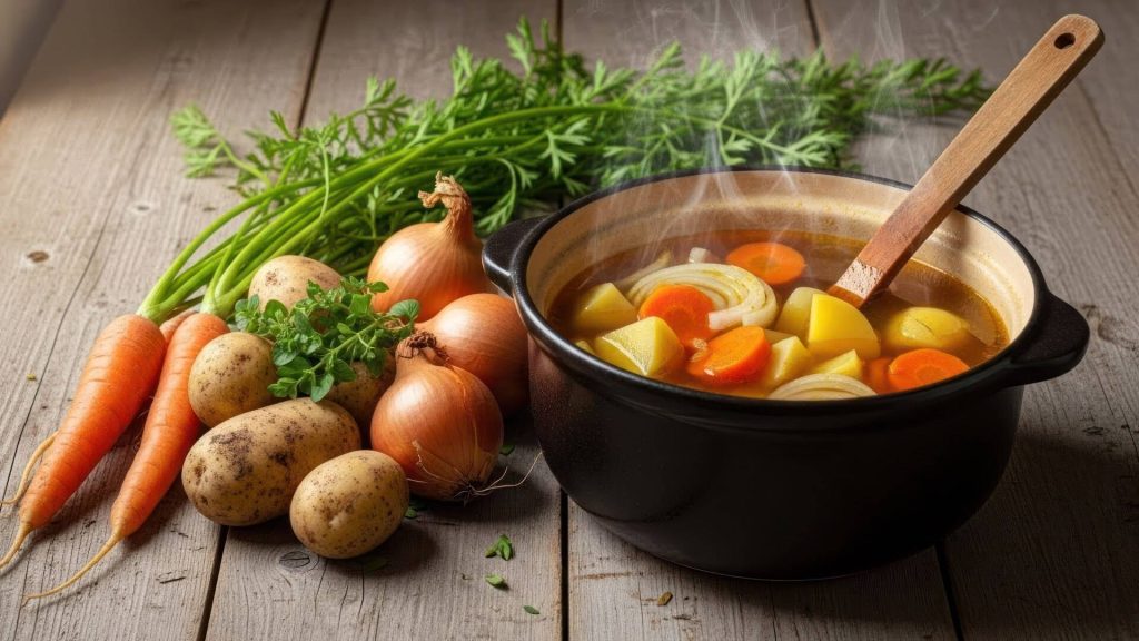 Pot of soup with carrots, potatoes and onions