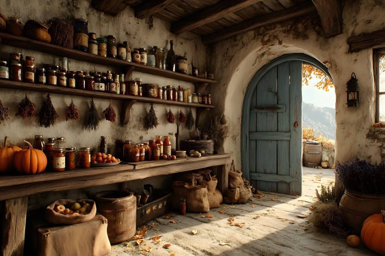 Rustic Autumn Pantry with Jars of Preserves and Harvest Vegetables in a Cozy Cottage Setting