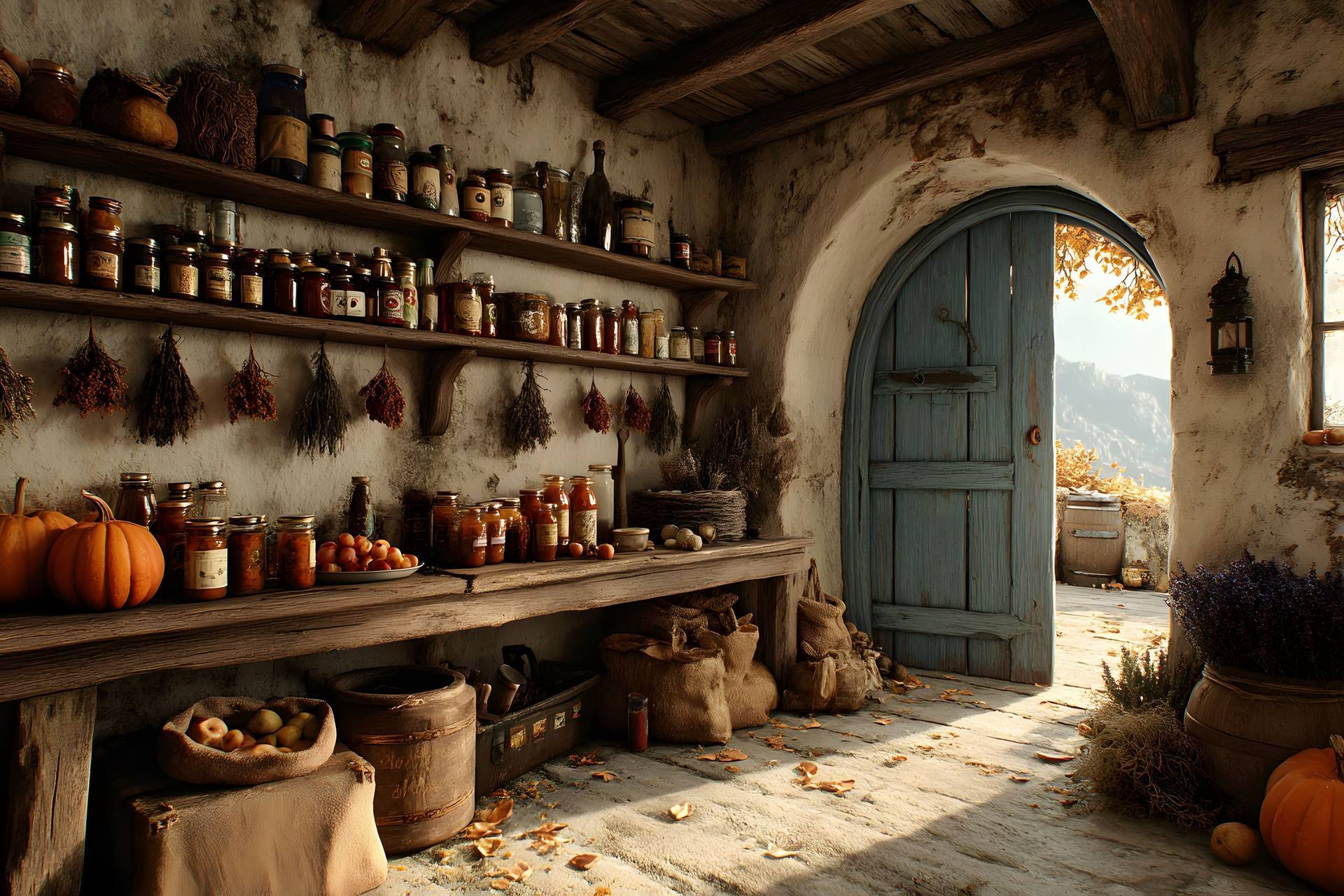 Rustic Autumn Pantry with Jars of Preserves and Harvest Vegetables in a Cozy Cottage Setting
