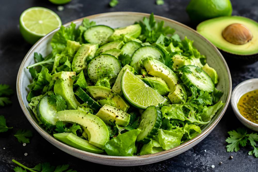 Salad with Mixed romaine, avocado cucumber and parsley with lime dressing serve with half avocado on the side close up top view